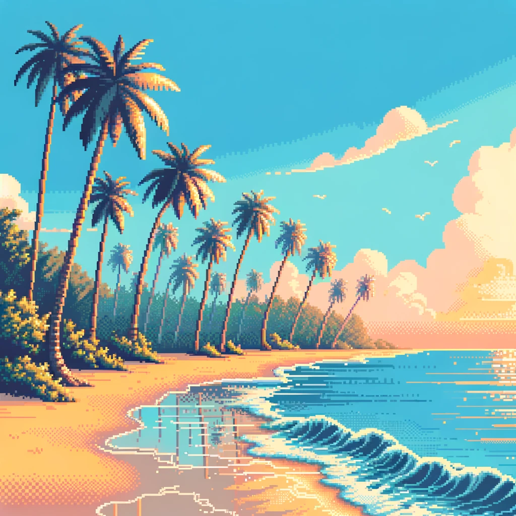 A pixel art style image of a serene beach scene. The beach is lined with tall, lush palm trees swaying gently in the breeze. The sand is golden and pristine, meeting the clear blue waters of the ocean. The sky is a gradient of soft blues, with a few fluffy white clouds drifting lazily. The sun is setting in the background, casting warm orange and pink hues across the sky and sea, creating a tranquil and picturesque setting.